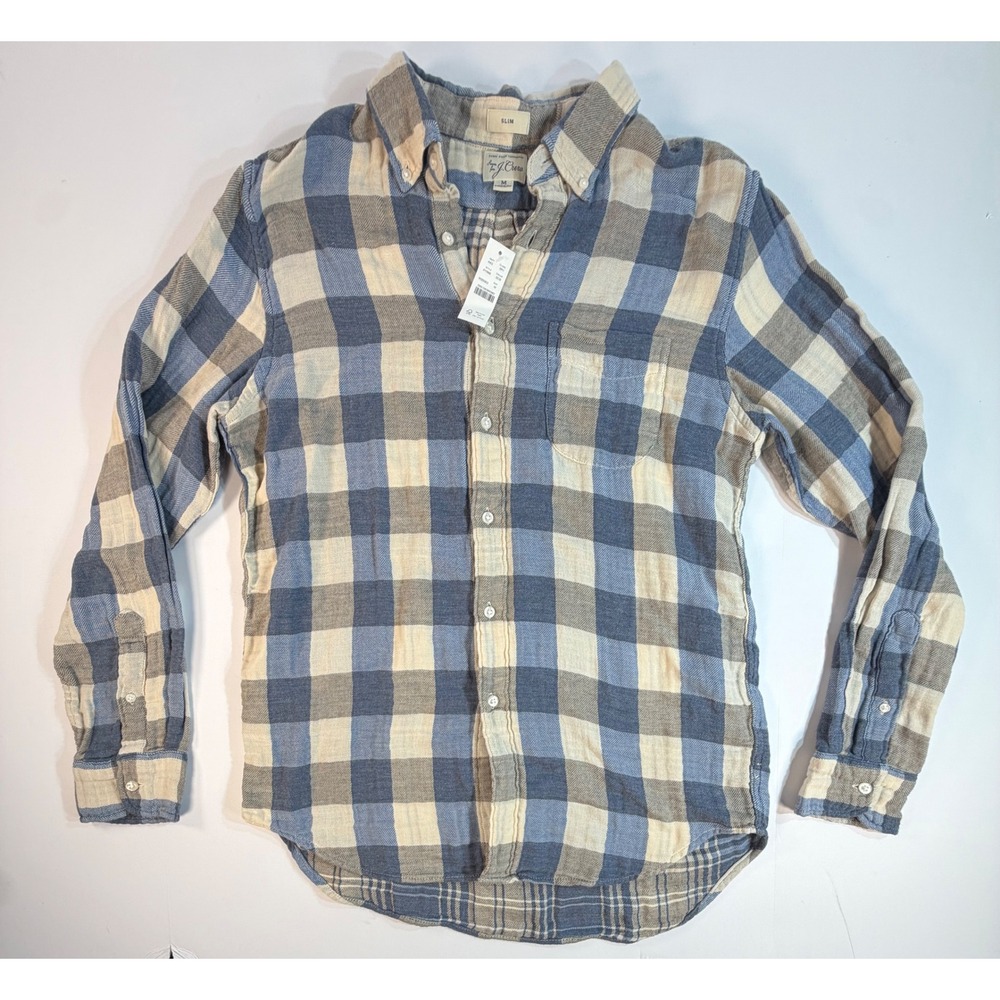 J. Crew Slim Fit Plaid Button Down Shirt Blue Cream Mens Medium AY988 NWT